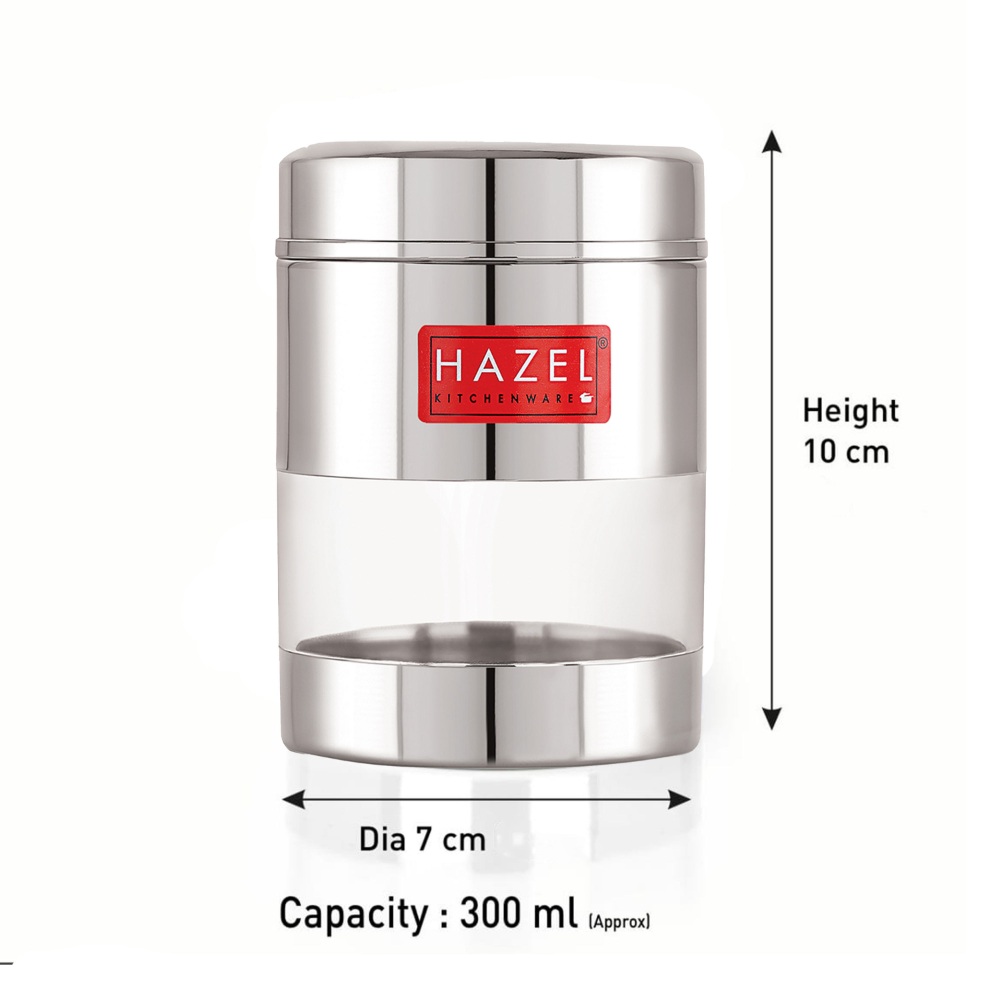 HAZEL Stainless Steel Mukhwas Container | See Through Small Containers for Kitchen Storage Set | Transparent Airtight Jars Set of 12 Pc, 300 ML