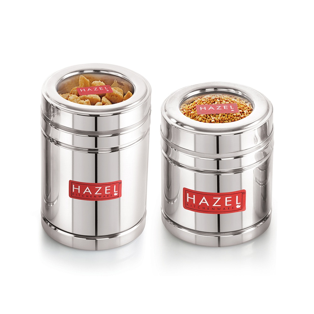 HAZEL Tea Coffee Containers with Transparent Lid | Stainless Steel Kitchen Containers Set of 2 | Tea Coffee Storage Box For Kitchen