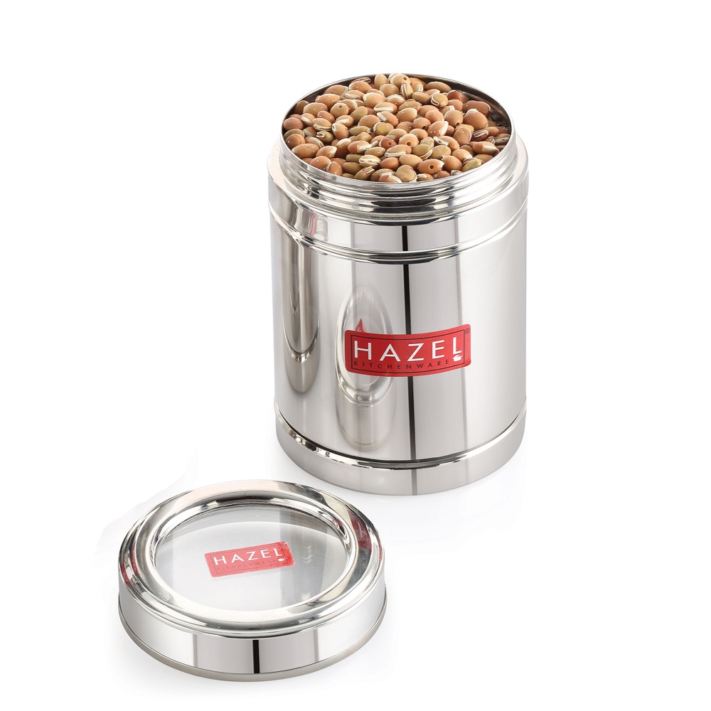 HAZEL Steel Tea Container with Transparent Lid | Transparent Lid Tea Powder Storage Box For Kitchen |Food Grade Steel Kitchen Container, Set of 2, 1000 ML