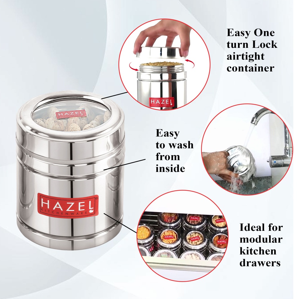 HAZEL Steel Coffee Container with Transparent Lid | Transparent Lid Coffee Powder Storage Box For Kitchen |Food Grade Steel Kitchen Container , Set of 6, 500 ML