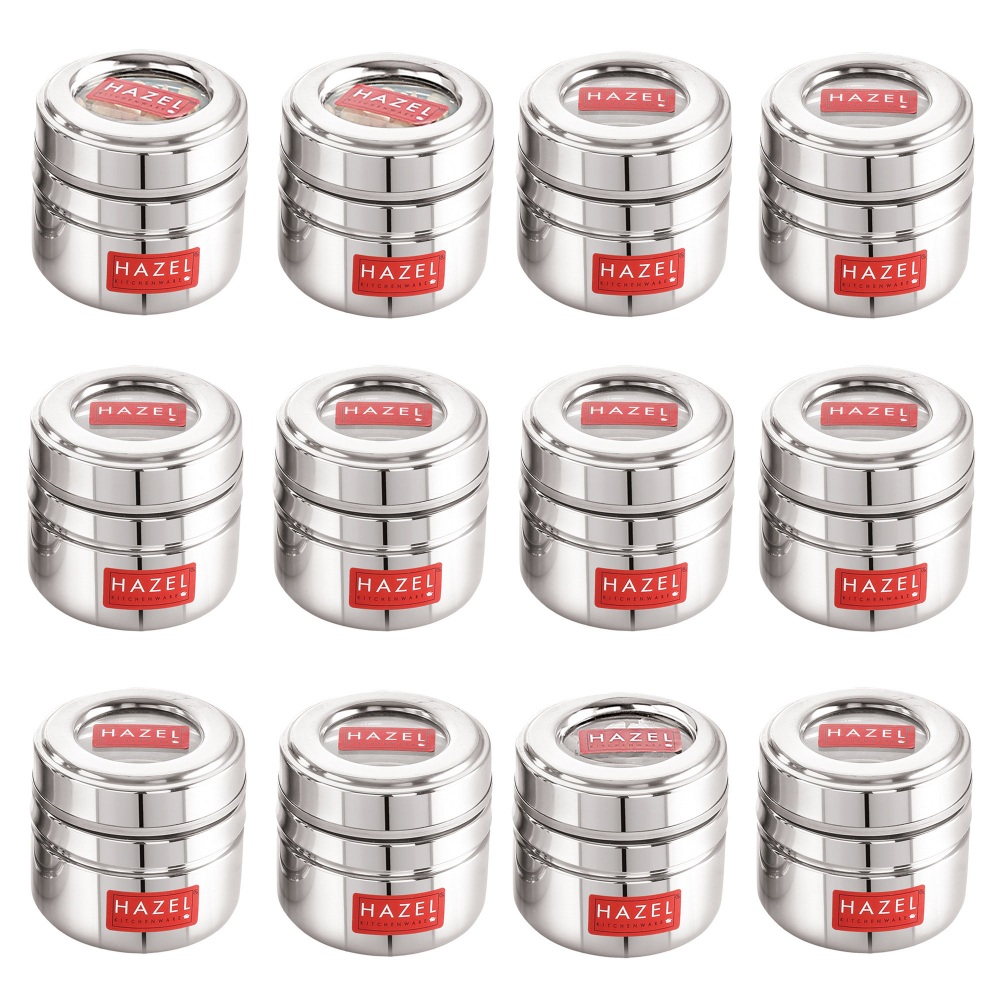 HAZEL Steel Small Container for Kitchen | Transparent Lid Containers for Storage | Small Container for Spices, Set of 12, 200 ML