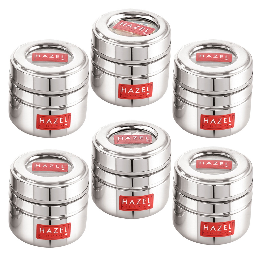 HAZEL Steel Small Container for Kitchen | Transparent Lid Containers for Storage | Small Container for Spices, Set of 6, 200 ML