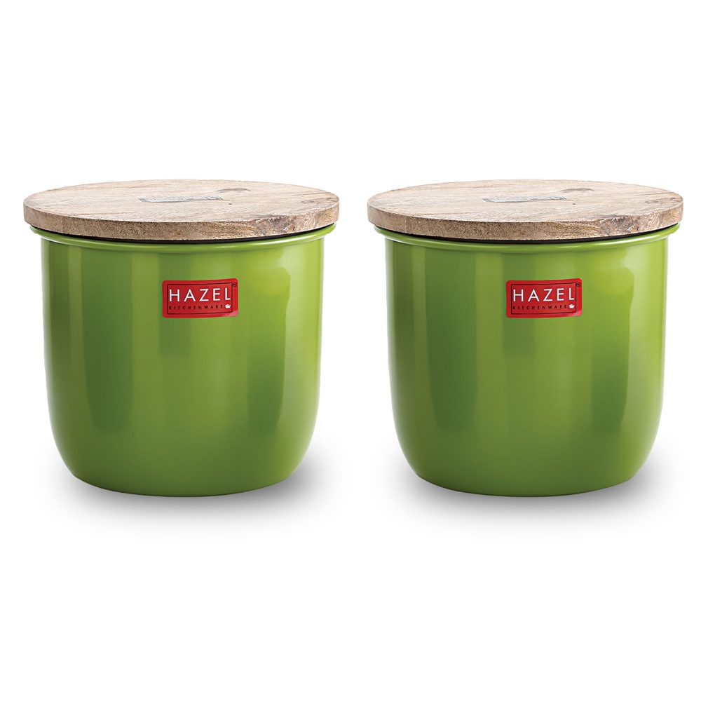 HAZEL Airtight Container for Kitchen | Tea Coffee Sugar Containers |Food Grade Storage Box For Kitchen with Wooden Lid, Set of 2, 1050 ML, Green