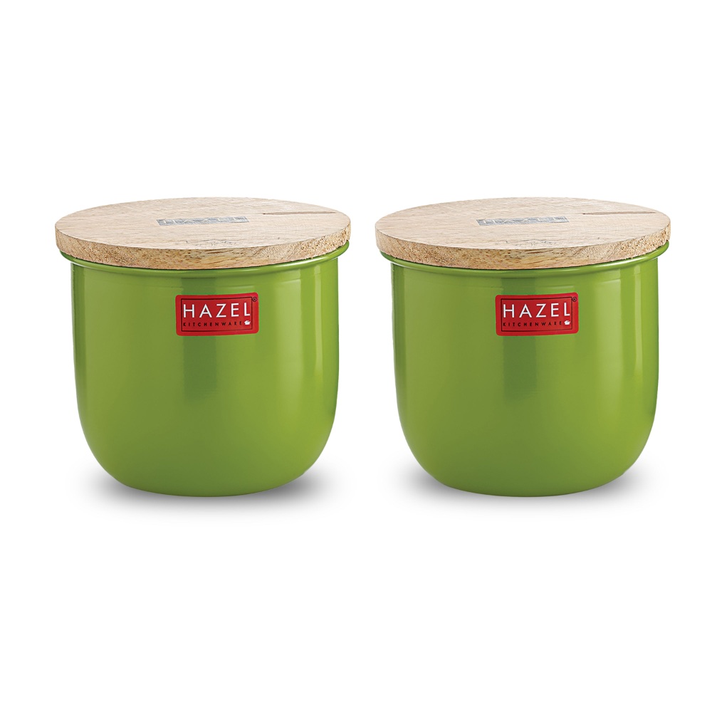 HAZEL Airtight Container for Kitchen | Tea Coffee Sugar Containers |Food Grade Storage Box For Kitchen with Wooden Lid, Set of 2, 700 ML, Green