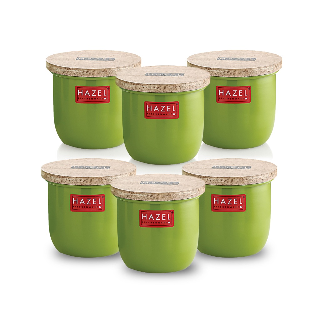 HAZEL Airtight Container for Kitchen | Dry Fruits Box with Wooden Lid| Small Container For Kitchen | Food Grade Spices Storage Containers, Set of 6, 250 ML, Green