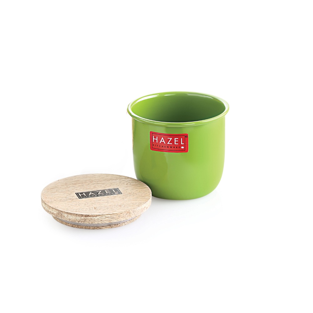 HAZEL Airtight Container for Kitchen | Tea Coffee Sugar Containers |Food Grade Storage Box For Kitchen with Wooden Lid, Set of 2, 700 ML, Green