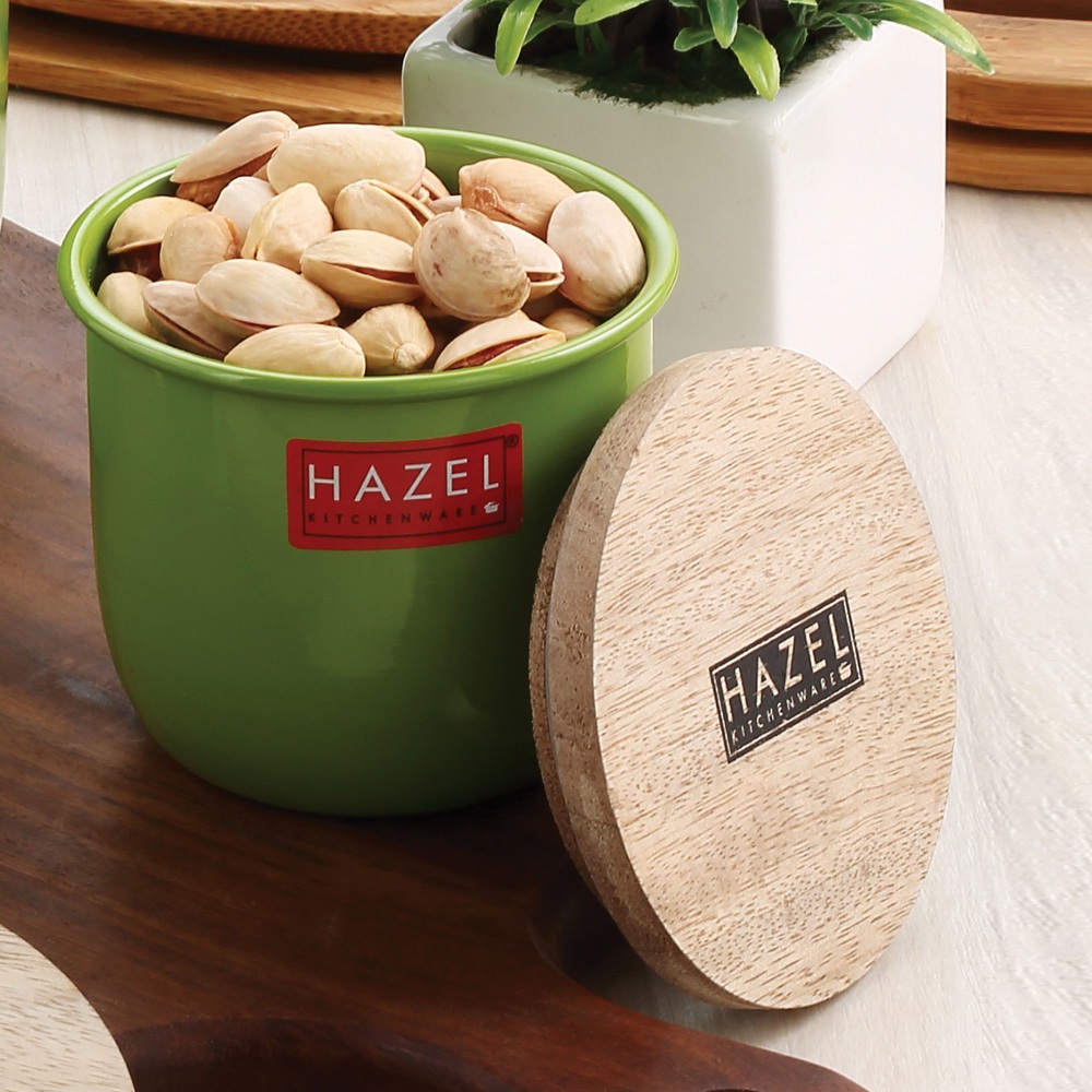 HAZEL Airtight Container for Kitchen | Dry Fruits Box with Wooden Lid| Small Container For Kitchen | Food Grade Spices Storage Containers, Set of 6, 250 ML, Green