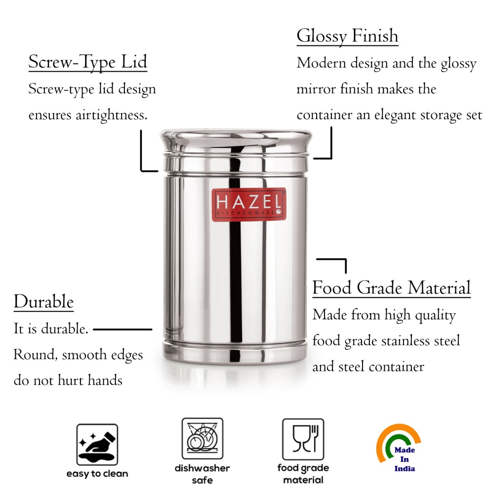 HAZEL Stainless Steel Container Set | 1800 ml Set of 12 Steel Container For Kitchen Storage Set | Air Tight Containers For Kitchen Storage | Ideal For Storing Rice, Cereal, Pulse, Snacks.