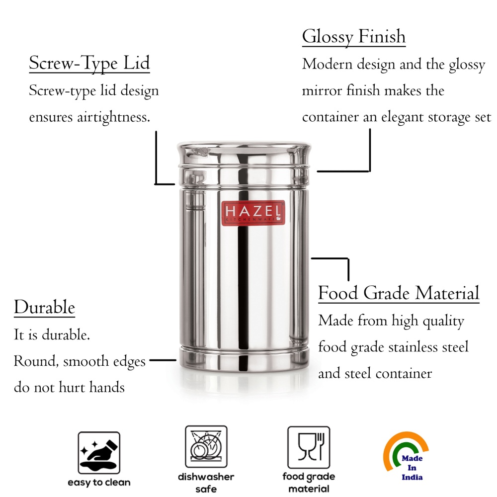 HAZEL Stainless Steel Container Set | 1200 ml Set of 2 Steel Container For Kitchen Storage Set | Air Tight Containers For Kitchen Storage | Ideal For Storing Rice, Cereal, Pulse, Snacks.