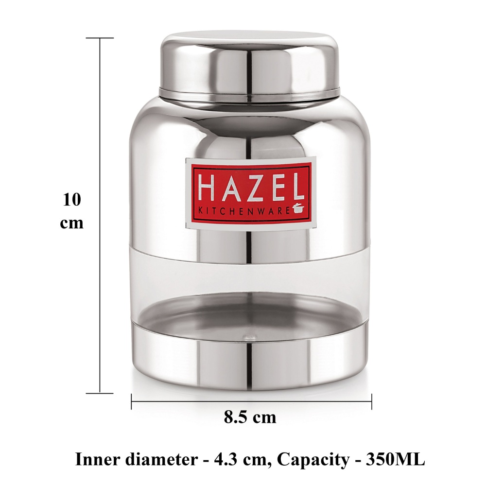 HAZEL Stainless Steel Container Set | Barni Shape See Through Container with Glossy Finish  |Transparent Multipurpose Storage Box for Kitchen, 350 ML, Set of 12