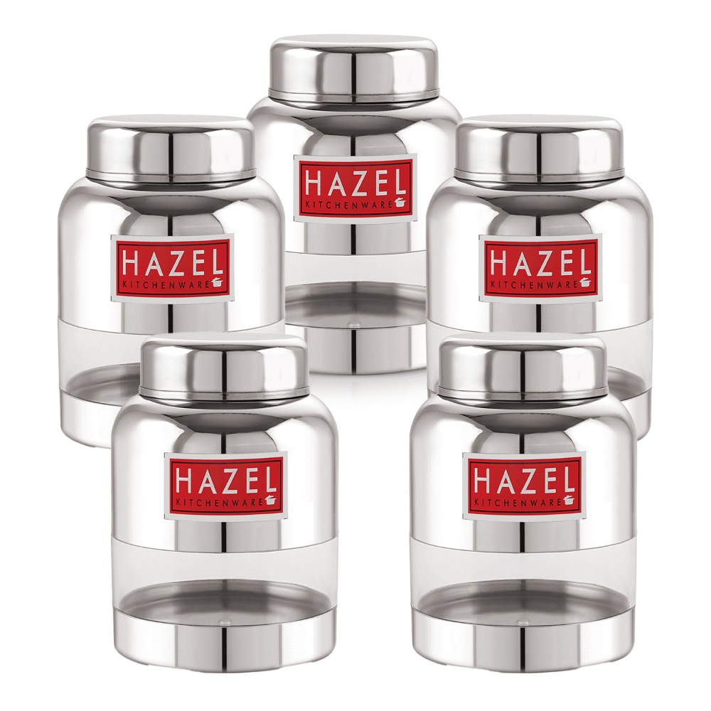 HAZEL Stainless Steel Container Set | Barni Shape See Through Container with Glossy Finish  |Transparent Multipurpose Storage Box for Kitchen, 350 ML, Set of 5