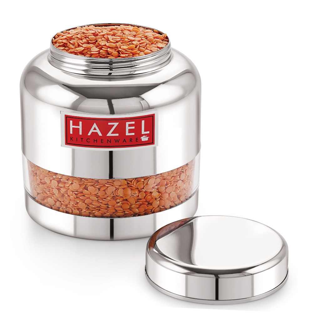 HAZEL Stainless Steel Container Set | Barni Shape See Through Container with Glossy Finish  |Transparent Multipurpose Storage Box for Kitchen, 350 ML, Set of 5