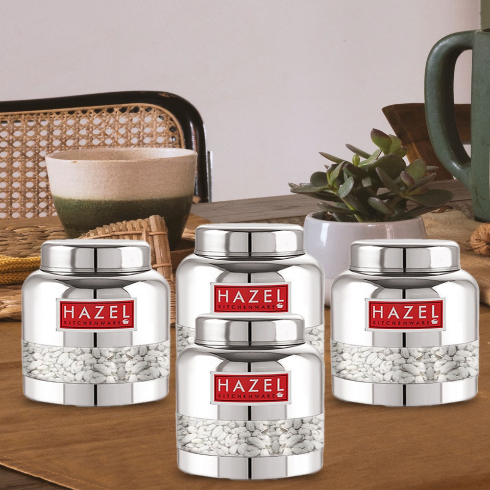 HAZEL Stainless Steel Container Set | Barni Shape See Through Container with Glossy Finish  |Transparent Multipurpose Storage Box for Kitchen, 350 ML, Set of 4