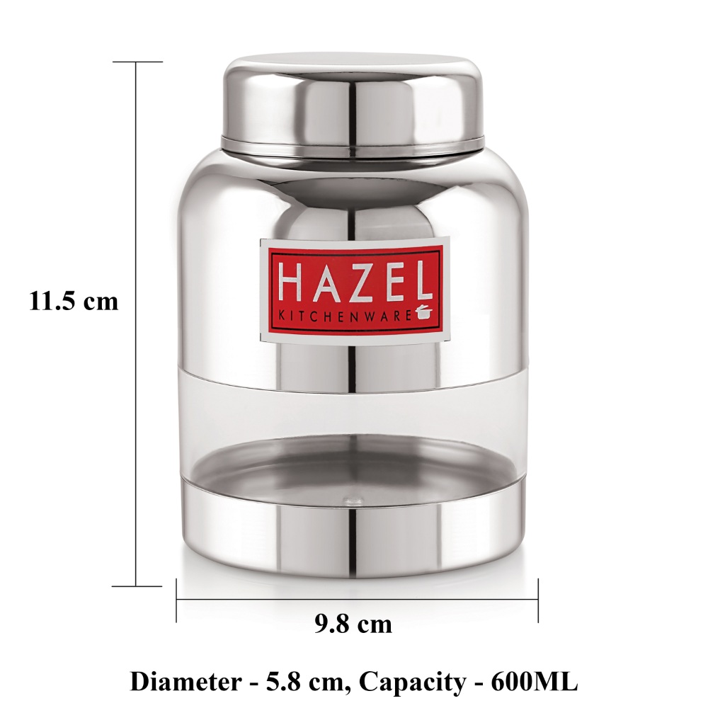 HAZEL Stainless Steel Kitchen Containers with Airtight Lid I Barni Shape Transparent Container with Glossy Finish | See Through Multipurpose Storage Box for Kitchen, 600 ML, Set of 5