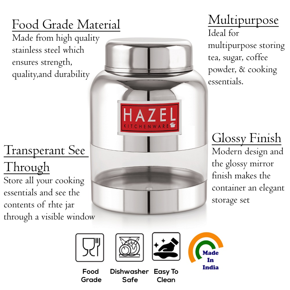 HAZEL Stainless Steel Kitchen Containers with Airtight Lid I Barni Shape Transparent Container with Glossy Finish | See Through Multipurpose Storage Box for Kitchen, 600 ML, Set of 5