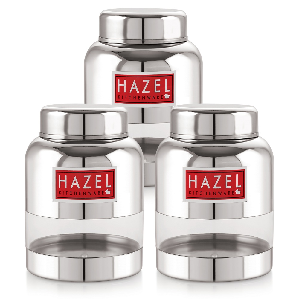 HAZEL Stainless Steel Kitchen Containers with Airtight Lid I Barni Shape Transparent Container with Glossy Finish | See Through Multipurpose Storage Box for Kitchen, 600 ML, Set of 3