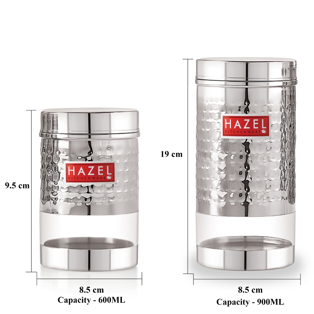 HAZEL Stainless Steel Kitchen Containers I Transparent Kitchen Container Set with Hammered Glossy Finish I Multipurpose Storage Box for Kitchen Set of 12