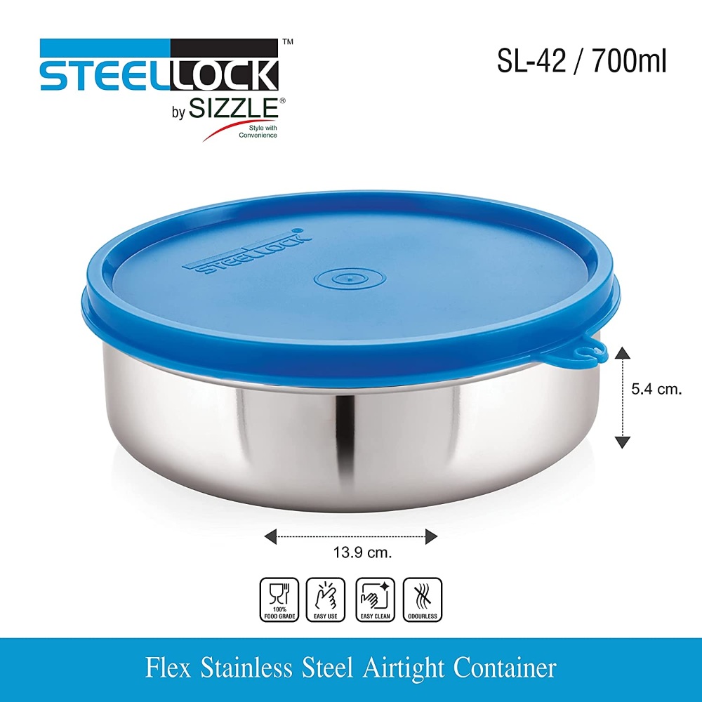 Steel Lock Flex Stainless Steel Airtight Container, 700 ML, Blue