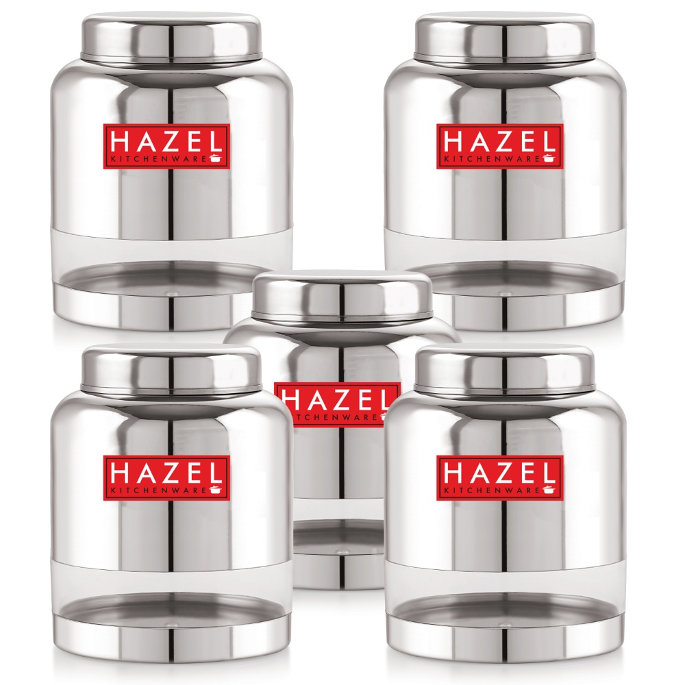 HAZEL Stainless Steel Transparent Container Glossy Finish Airtight See Through Jar Barni Set of 5, 2000 ML, Silver