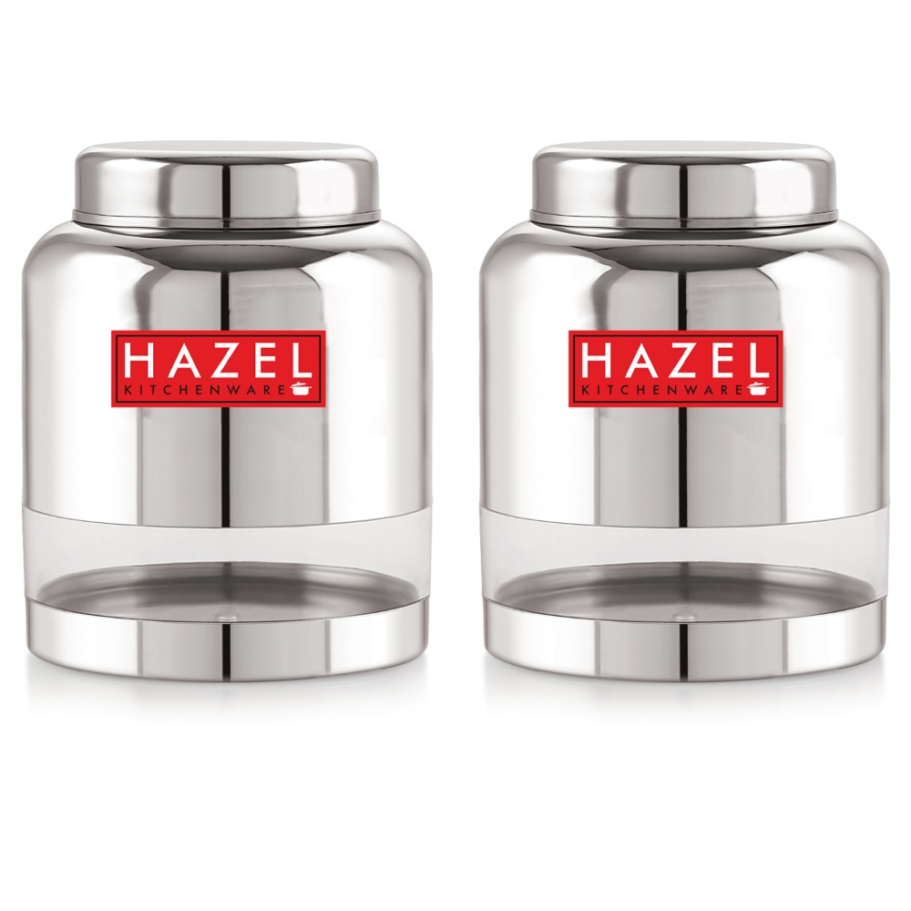 HAZEL Stainless Steel Transparent Container Glossy Finish Airtight See Through Jar Barni Set of 2, 2000 ML, Silver