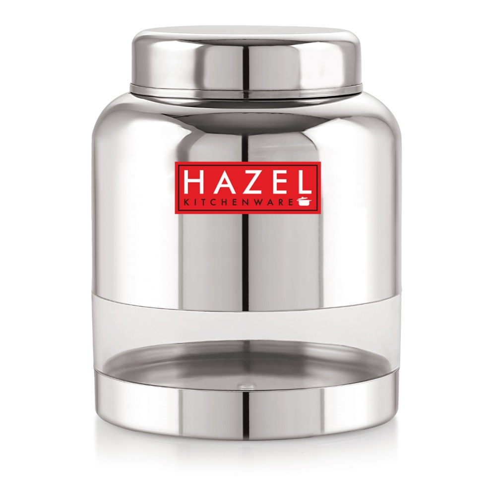 HAZEL Stainless Steel Transparent Container Glossy Finish Airtight See Through Jar Barni Set of 6, 1500 ML, Silver