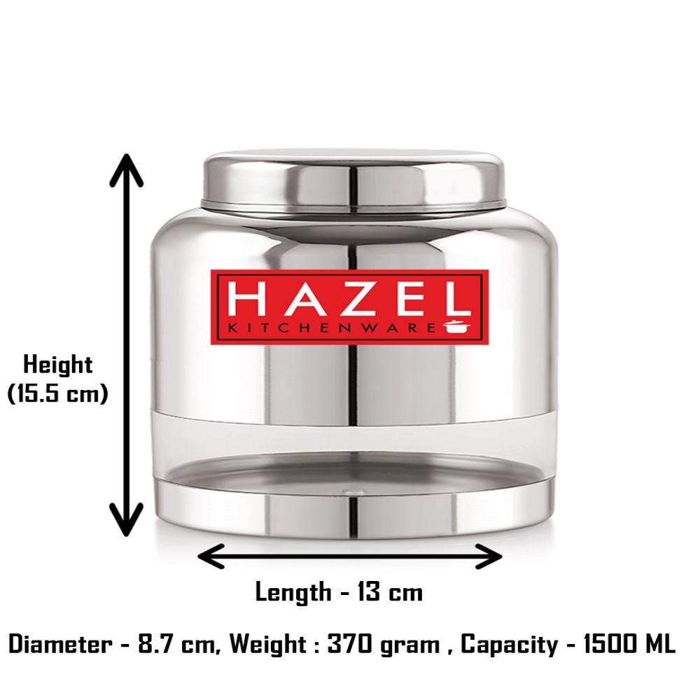 HAZEL Stainless Steel Transparent Container Glossy Finish Airtight See Through Jar Barni Set of 5, 1500 ML, Silver