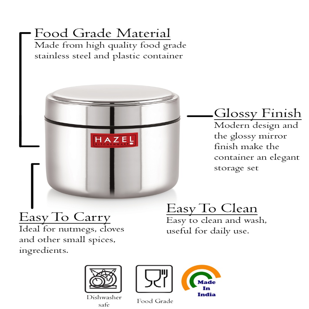 HAZEL Stainless Steel Mini Container Heavy Gauge Premium Airtight Dabbi Dabba Set of 5, 400 ML, Silver