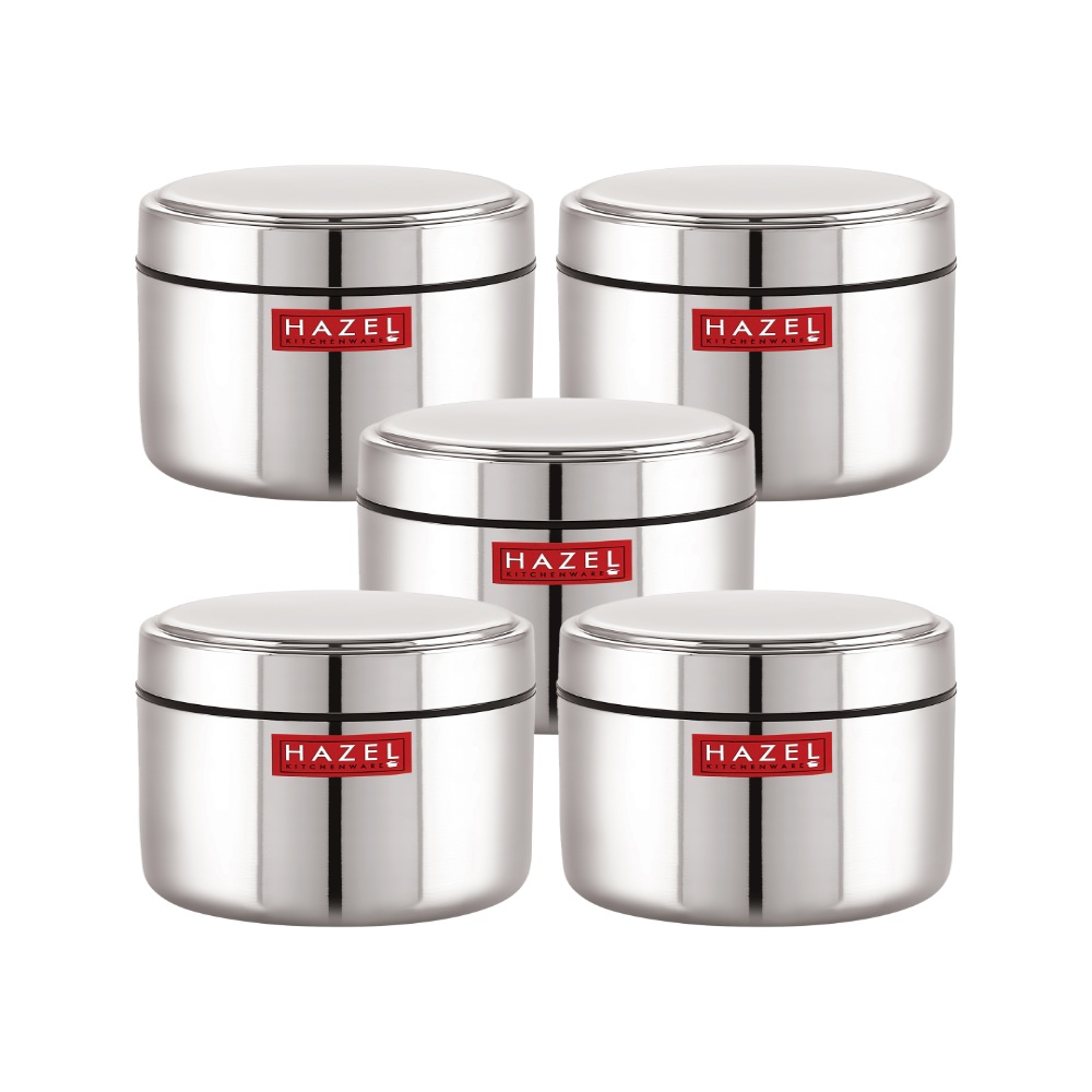 HAZEL Stainless Steel Mini Container Heavy Gauge Premium Airtight Dabbi Dabba Set of 5, 400 ML, Silver