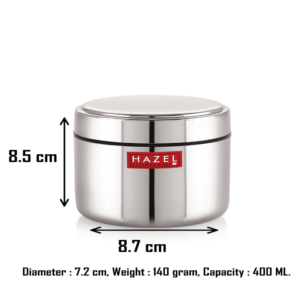 HAZEL Stainless Steel Mini Container Heavy Gauge Premium Airtight Dabbi Dabba Set of 4, 400 ML, Silver