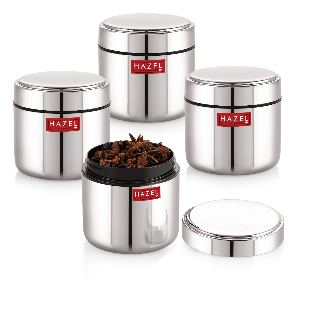 HAZEL Stainless Steel Mini Container Heavy Gauge Premium Airtight Dabbi Dabba Set of 4, 400 ML, Silver