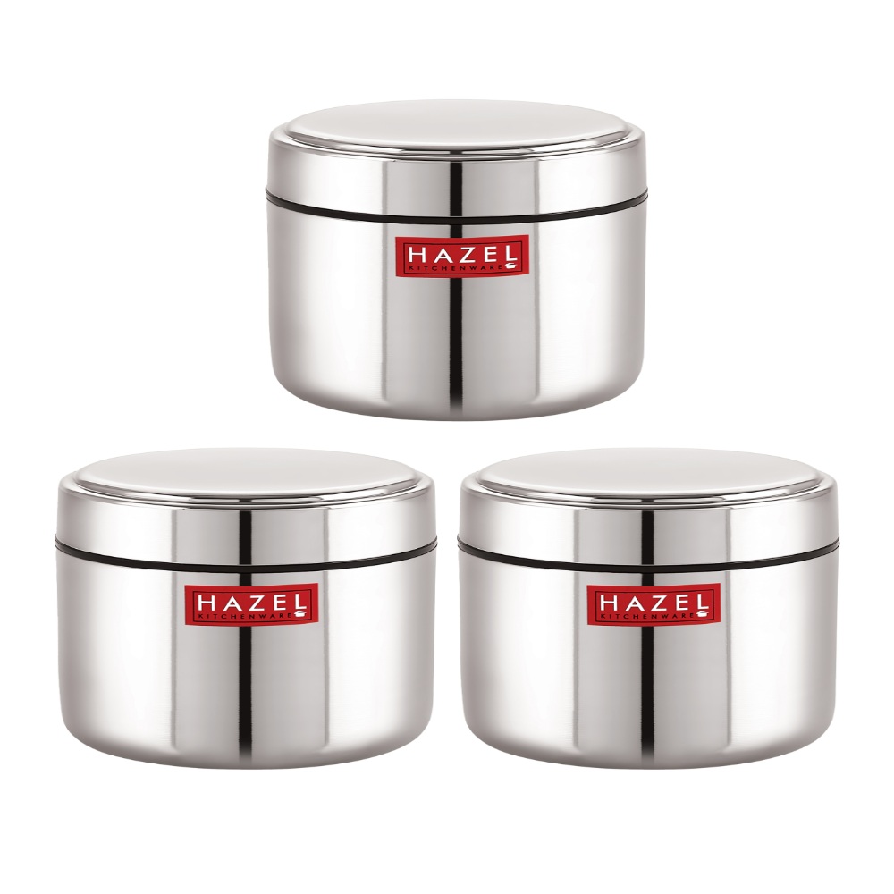 HAZEL Stainless Steel Mini Container Heavy Gauge Premium Airtight Dabbi Dabba Set of 3, 400 ML, Silver