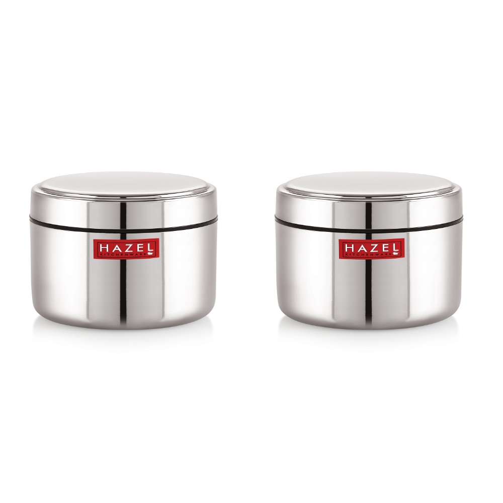 HAZEL Stainless Steel Mini Container Heavy Gauge Premium Airtight Dabbi Dabba Set of 2, 400 ML, Silver