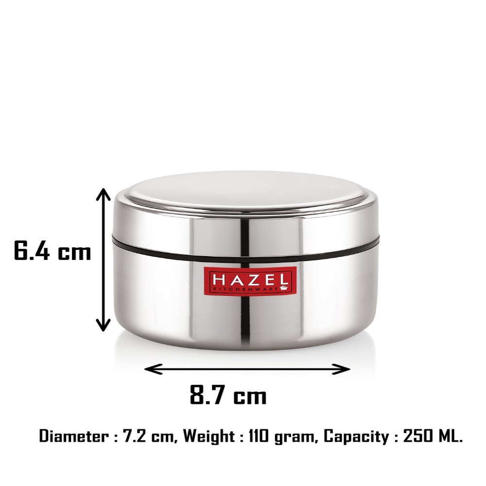 HAZEL Stainless Steel Mini Container Heavy Gauge Premium Airtight Dabbi Dabba Set of 6, 250 ML, Silver