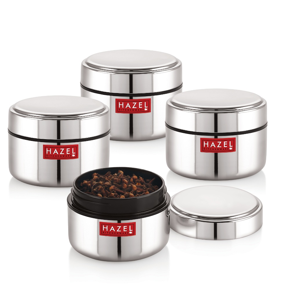 HAZEL Stainless Steel Mini Container Heavy Gauge Premium Airtight Dabbi Dabba Set of 4, 250 ML, Silver