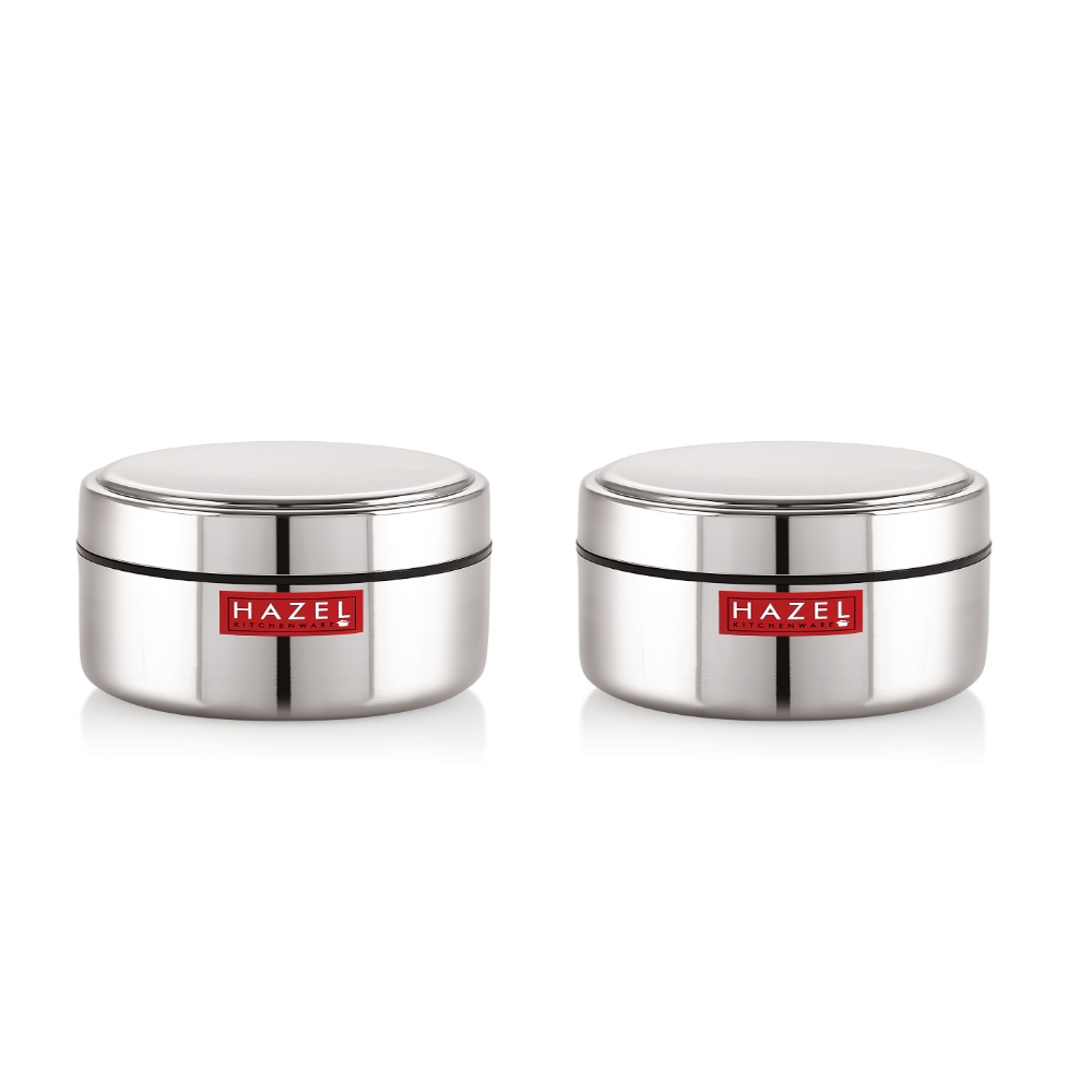 HAZEL Stainless Steel Mini Container Heavy Gauge Premium Airtight Dabbi Dabba Set of 2, 250 ML, Silver