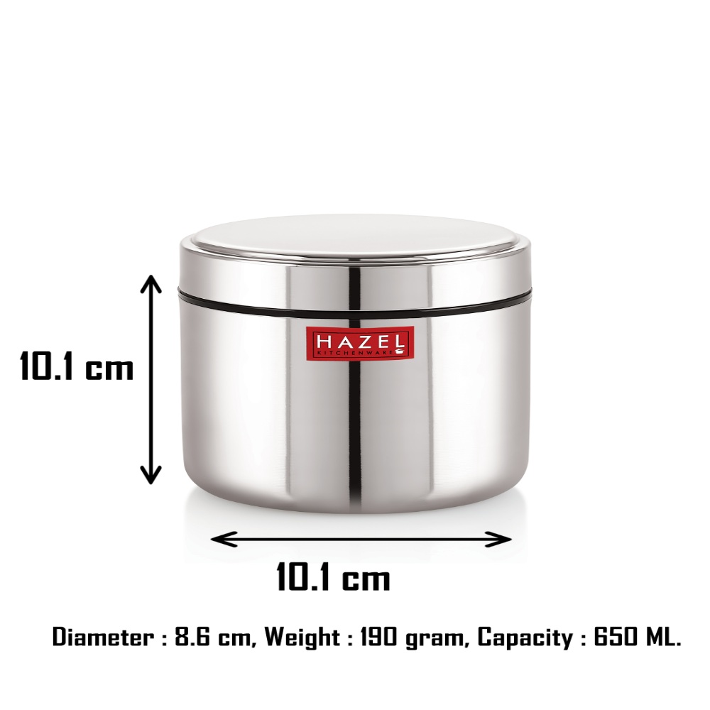 HAZEL Stainless Steel Mini Container Heavy Gauge Premium Airtight Dabbi Dabba Set of 5, 650 ML, Silver