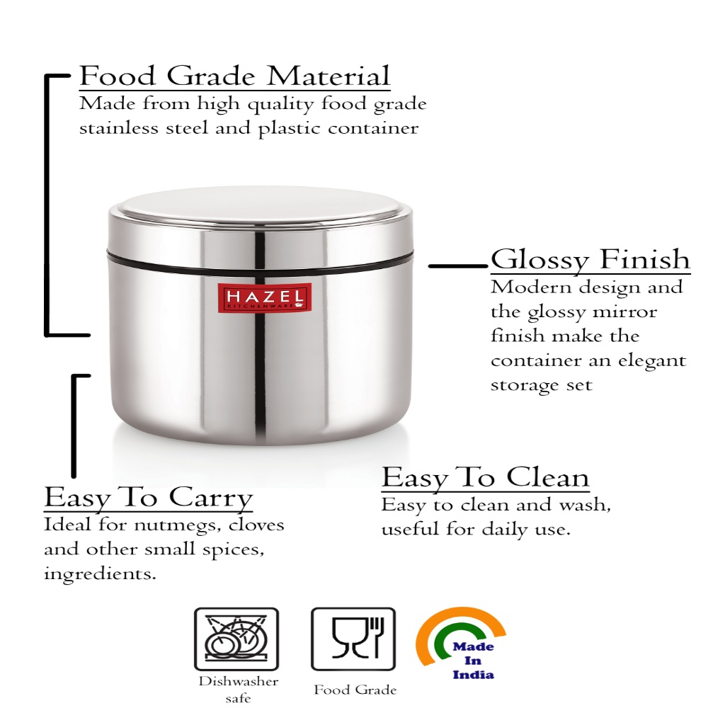 HAZEL Stainless Steel Mini Container Heavy Gauge Premium Airtight Dabbi Dabba Set of 5, 650 ML, Silver