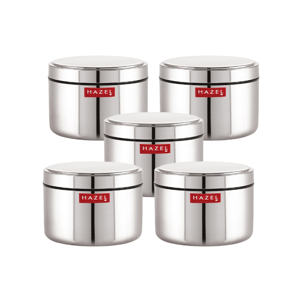 HAZEL Stainless Steel Mini Container Heavy Gauge Premium Airtight Dabbi Dabba Set of 5, 650 ML, Silver