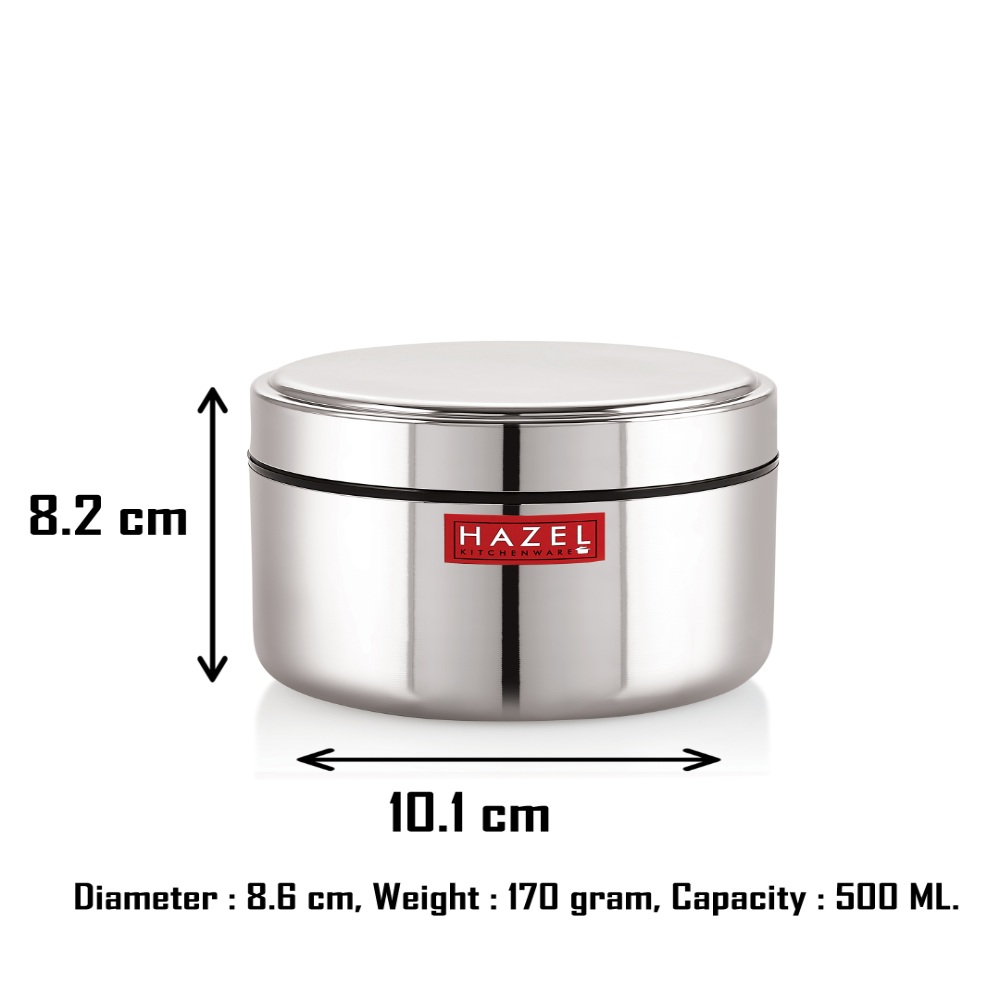 HAZEL Stainless Steel Mini Container Heavy Gauge Premium Airtight Dabbi Dabba Set of 5, 500 ML, Silver