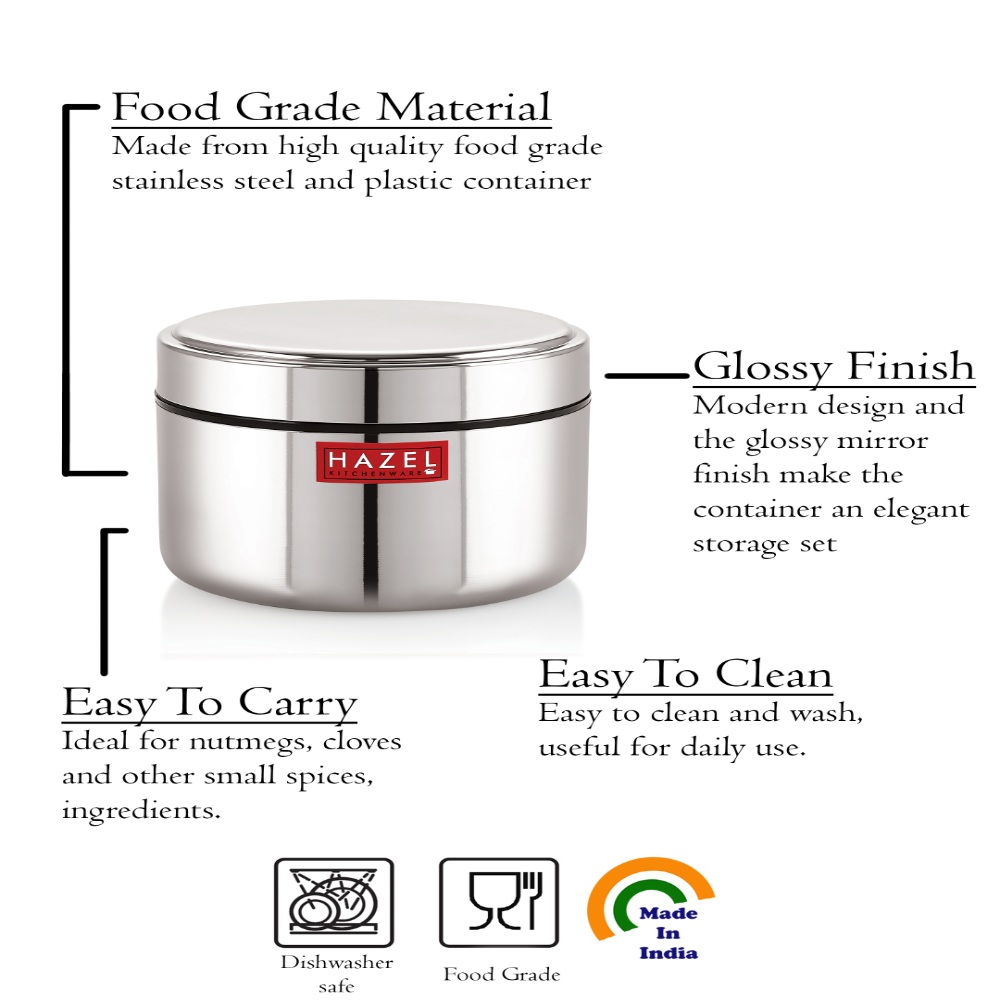 HAZEL Stainless Steel Mini Container Heavy Gauge Premium Airtight Dabbi Dabba Set of 5, 500 ML, Silver