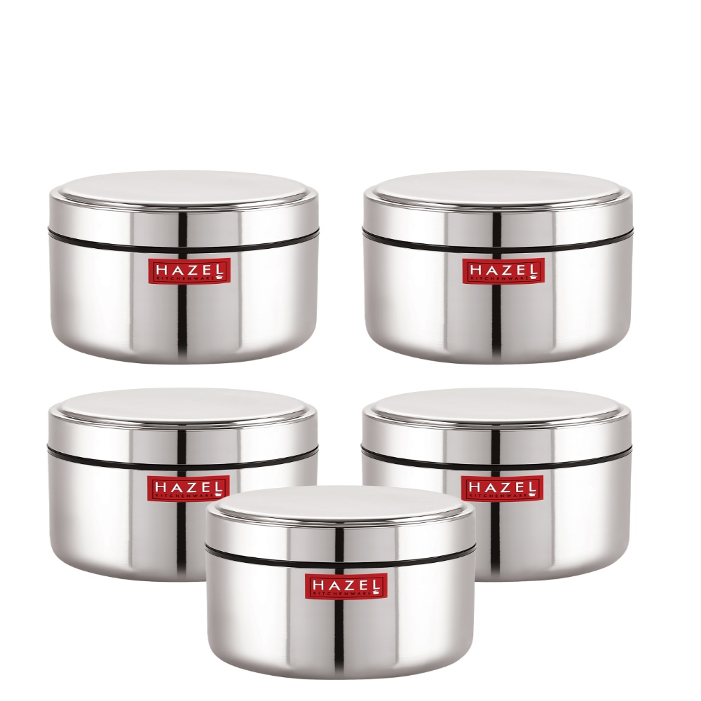 HAZEL Stainless Steel Mini Container Heavy Gauge Premium Airtight Dabbi Dabba Set of 5, 500 ML, Silver