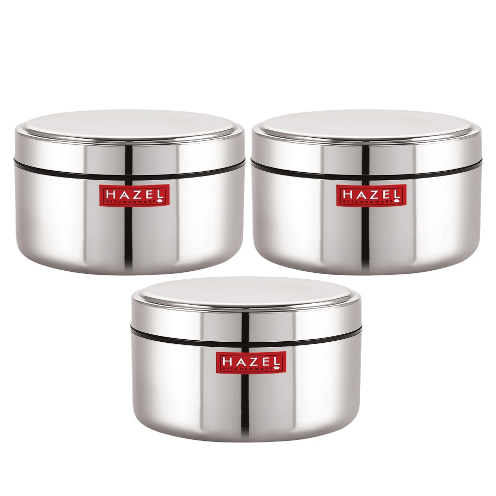 HAZEL Stainless Steel Mini Container Heavy Gauge Premium Airtight Dabbi Dabba Set of 3, 500 ML, Silver