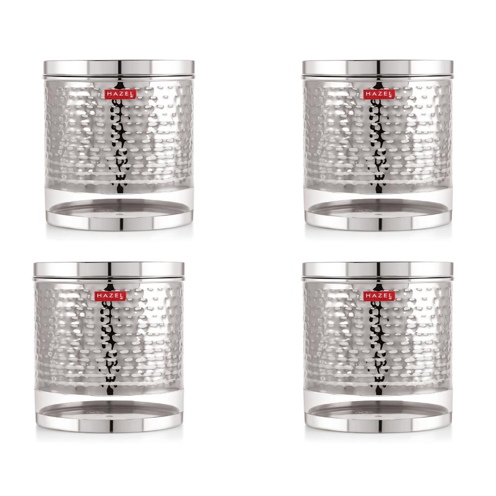 HAZEL Stainless Steel Container For Kitchen Storage Hammered Finish Transparent See Through Glossy Storage Jar Dabba, Set of 4, 3000 ML, Silver