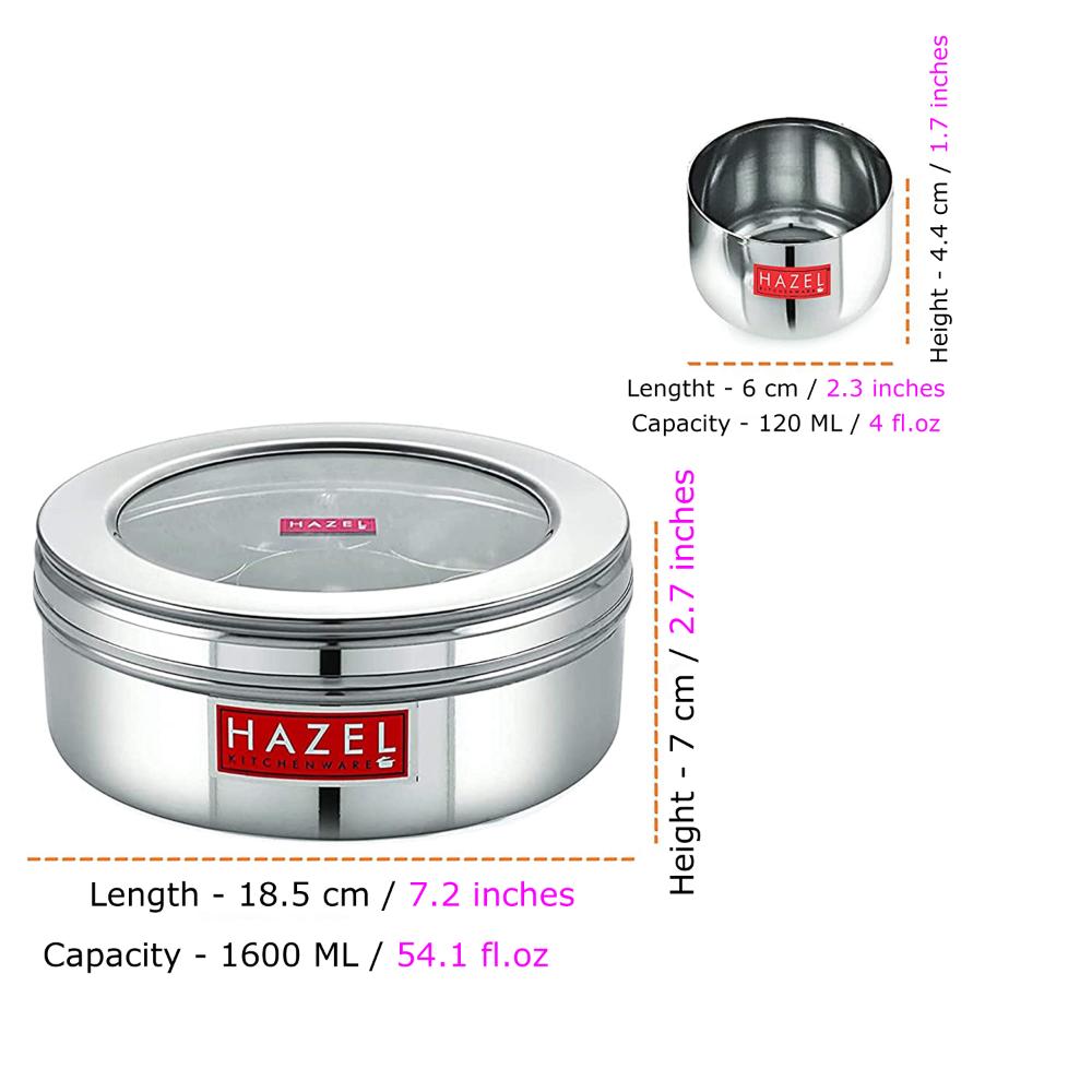 HAZEL See Through Stainless Steel Masala Dabba Spice Box with 7 Wati and Small Spoon