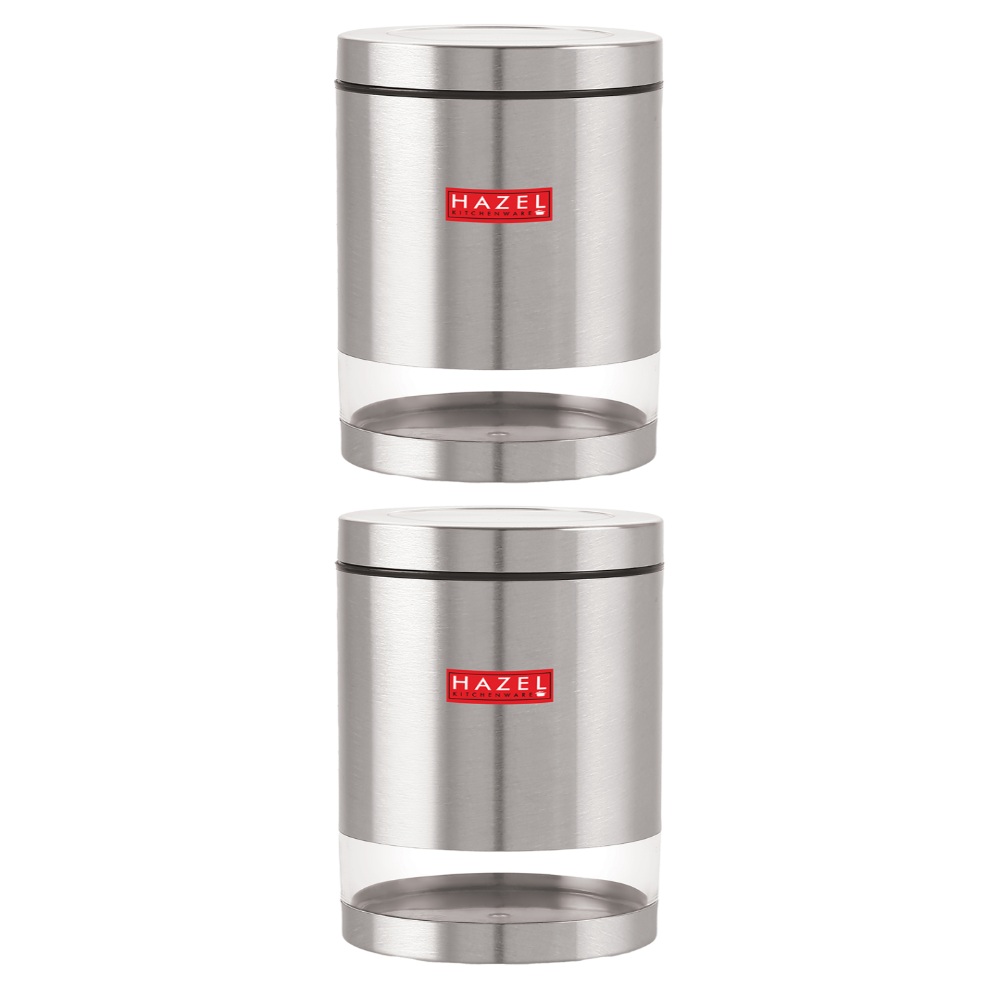 HAZEL Stainless Steel Containers Set For Kitchen Storage Transparent See Through Matt Finish Storage Jars Dabba, Set of 2, 1300 ML Each, Silver