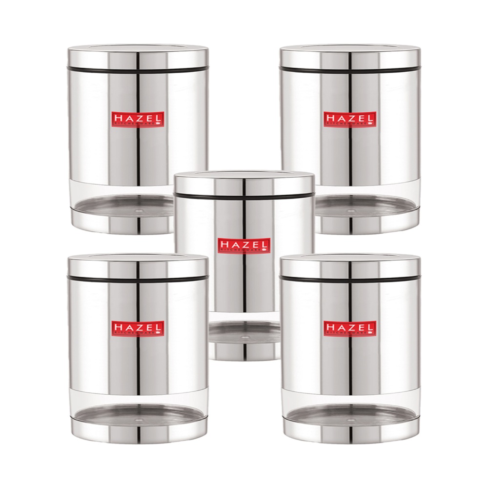 HAZEL Stainless Steel Containers Set For Kitchen Storage Transparent See Through Glossy Finish Storage Jars Dabba, Set of 5, 1300 ML Each, Silver