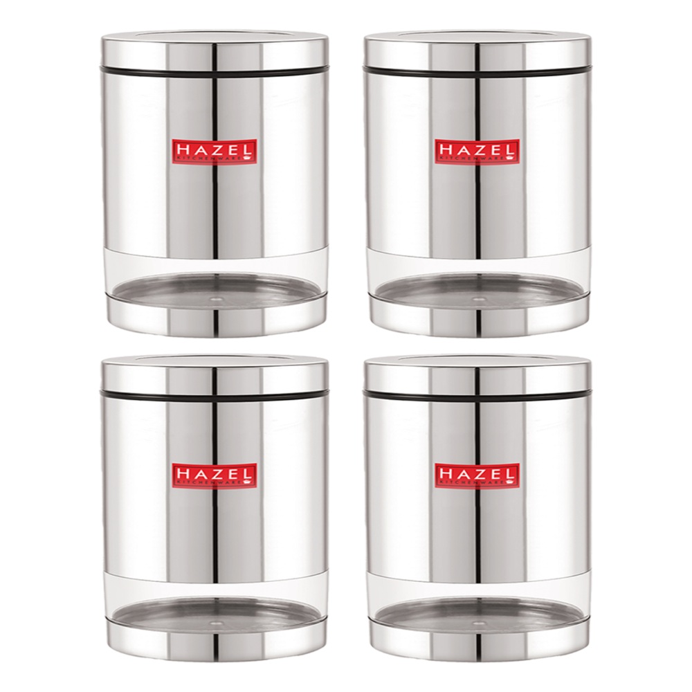 HAZEL Stainless Steel Containers Set For Kitchen Storage Transparent See Through Glossy Finish Storage Jars Dabba, Set of 4, 1300 ML Each, Silver