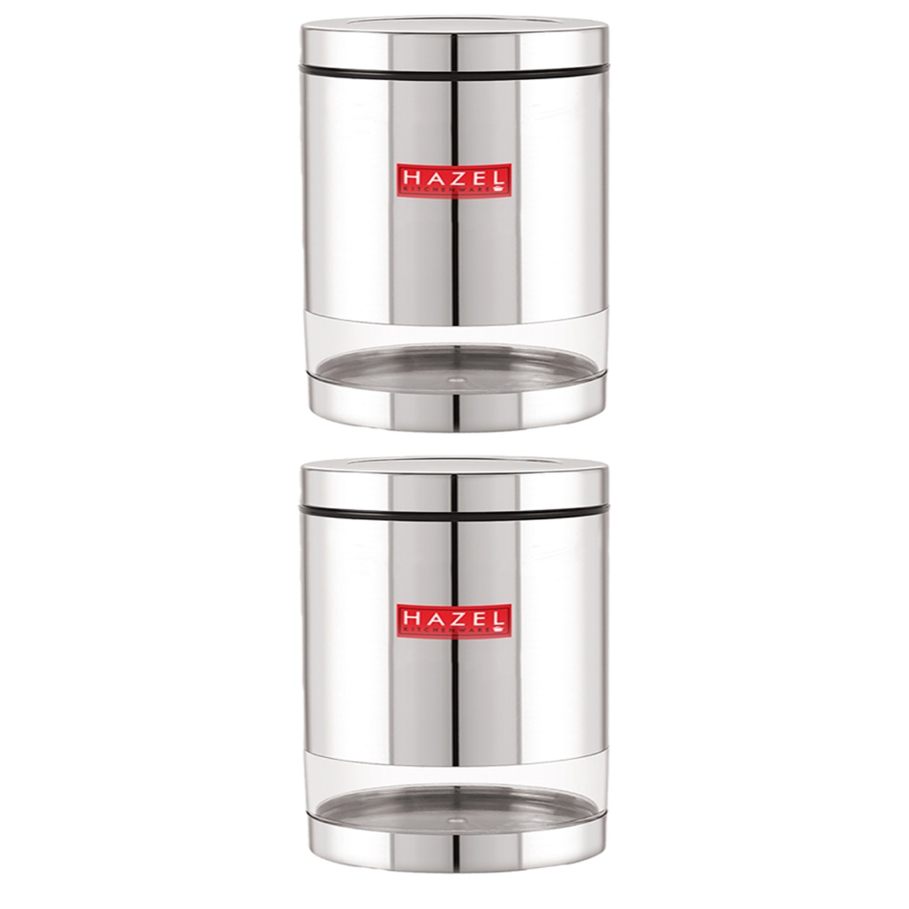 HAZEL Stainless Steel Containers Set For Kitchen Storage Transparent See Through Glossy Finish Storage Jars Dabba, Set of 2, 1300 ML Each, Silver