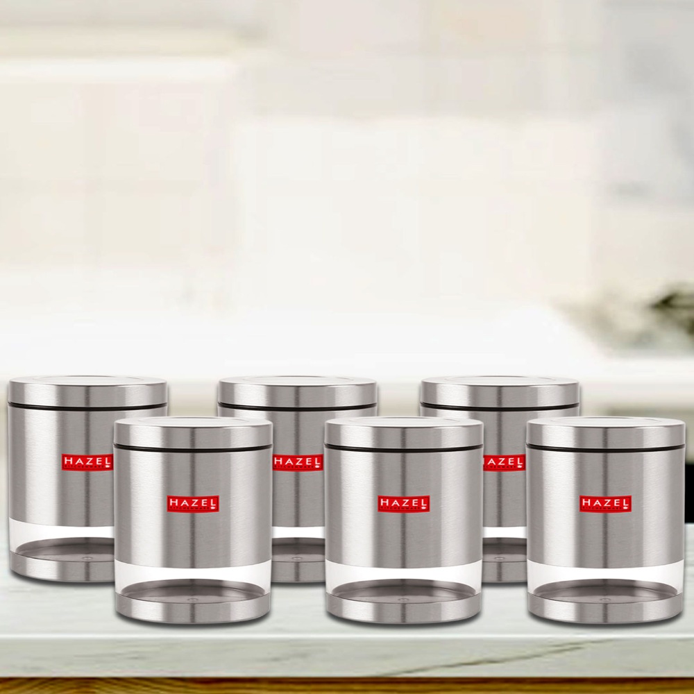 HAZEL Stainless Steel Containers Set For Kitchen Storage Transparent See Through Matt Finish Storage Jars Dabba, Set of 6, 1000 ML Each, Silver