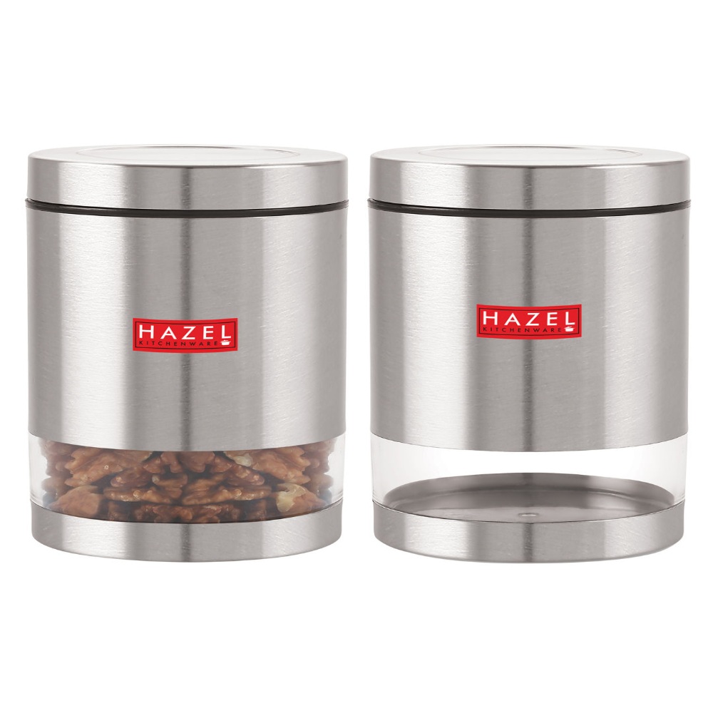 HAZEL Stainless Steel Containers Set For Kitchen Storage Transparent See Through Matt Finish Storage Jars Dabba, Set of 2, 1000 ML Each, Silver